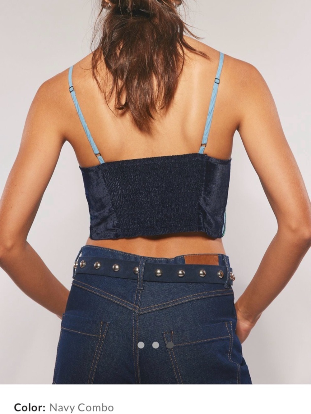 Free People Embroidered Floral Cropped Velvet Lotus Appliqué Top in Navy & Mint - Picture 3 of 6